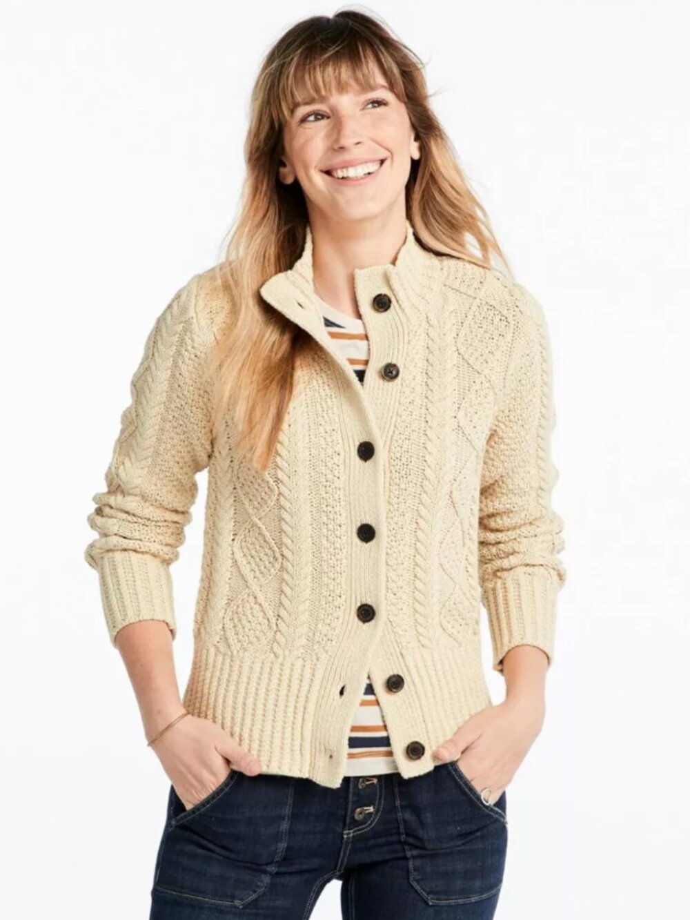 LL Bean Signature Cotton Fisherman Sweater Cardigan Women's Large